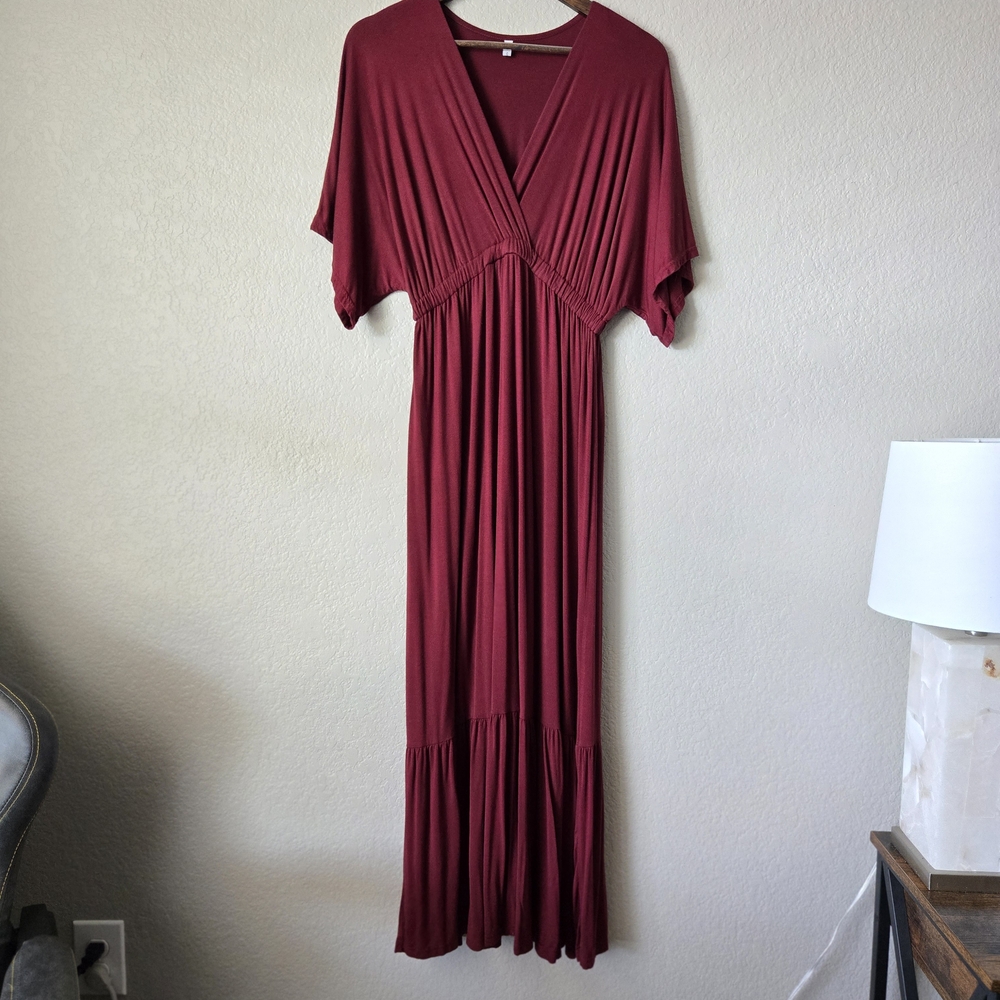 Red Super SOFT Maxi Dress with V-Neck and Dolman Sleeves